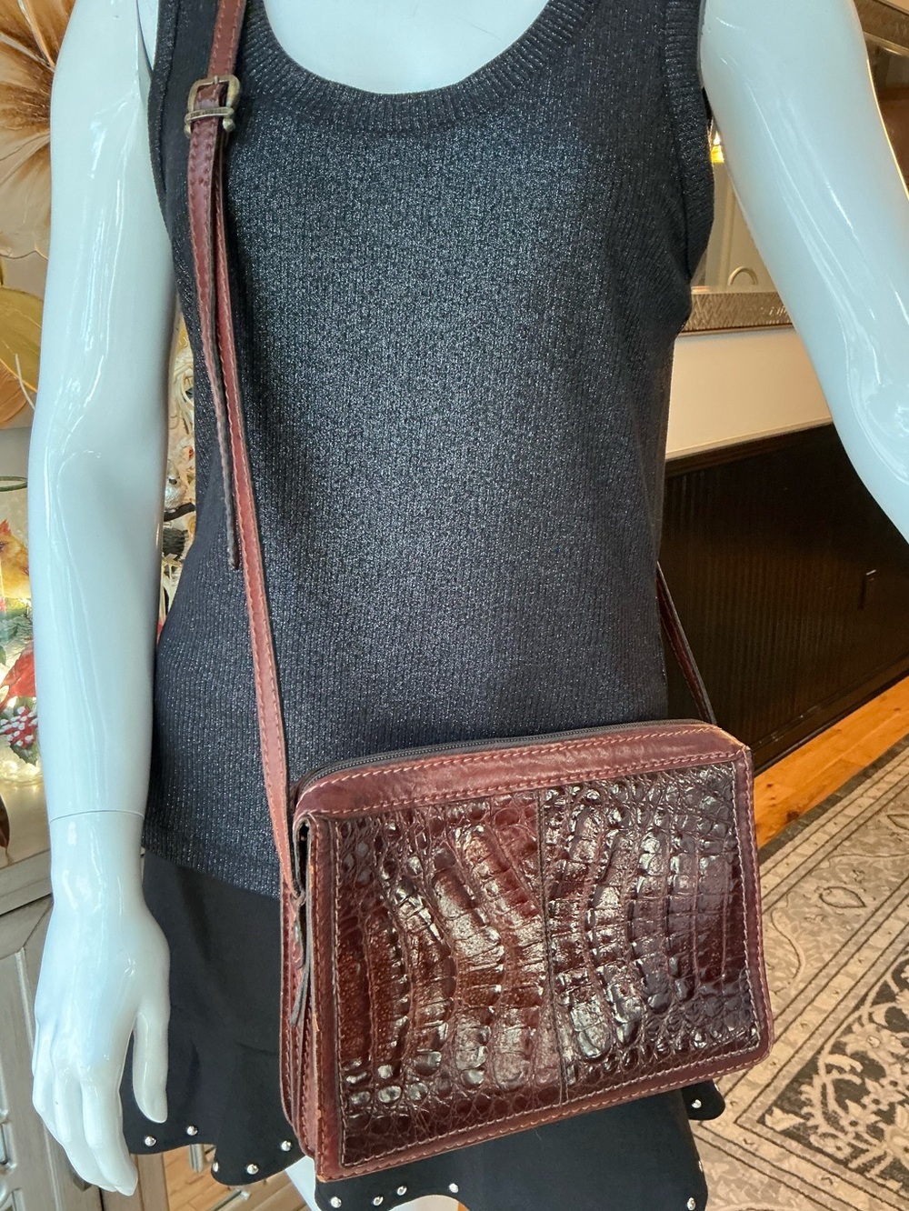 Italian Croc Effect Leather The Bridge Shoulder Bag Cognac Brown Festival Boho